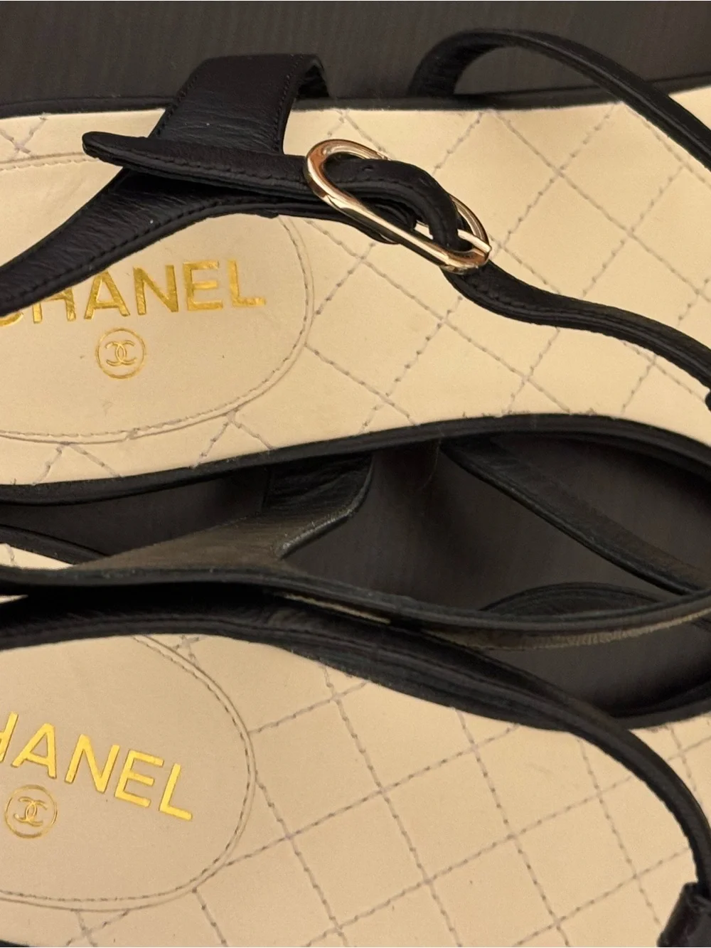 CHANEL Black Leather Camellia T-Strap Sandals